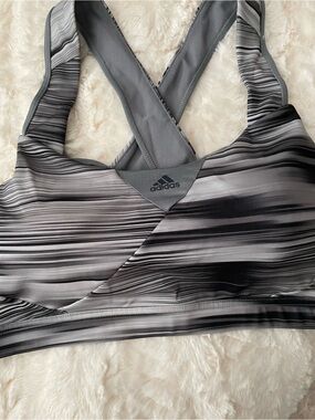 adidas Grey & Black Striped Cross-Back Sports Bra
